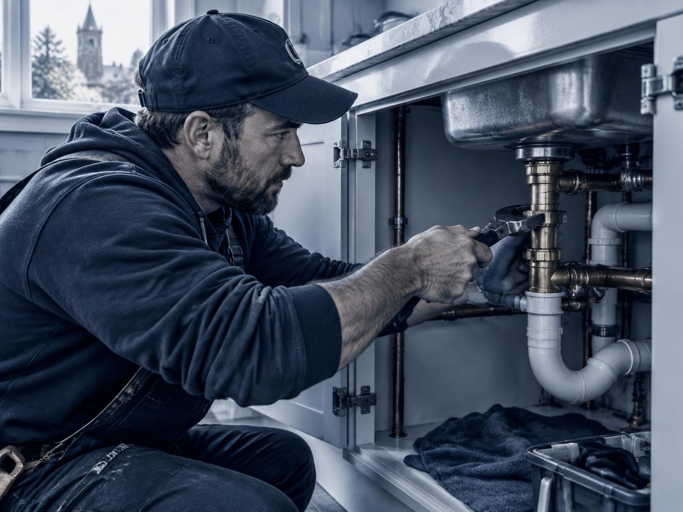 Plumber repairing pipes beneath a kitchen sink